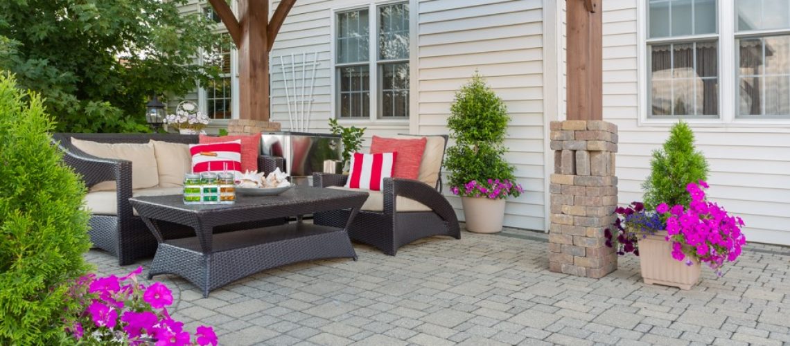 paved patio with seats